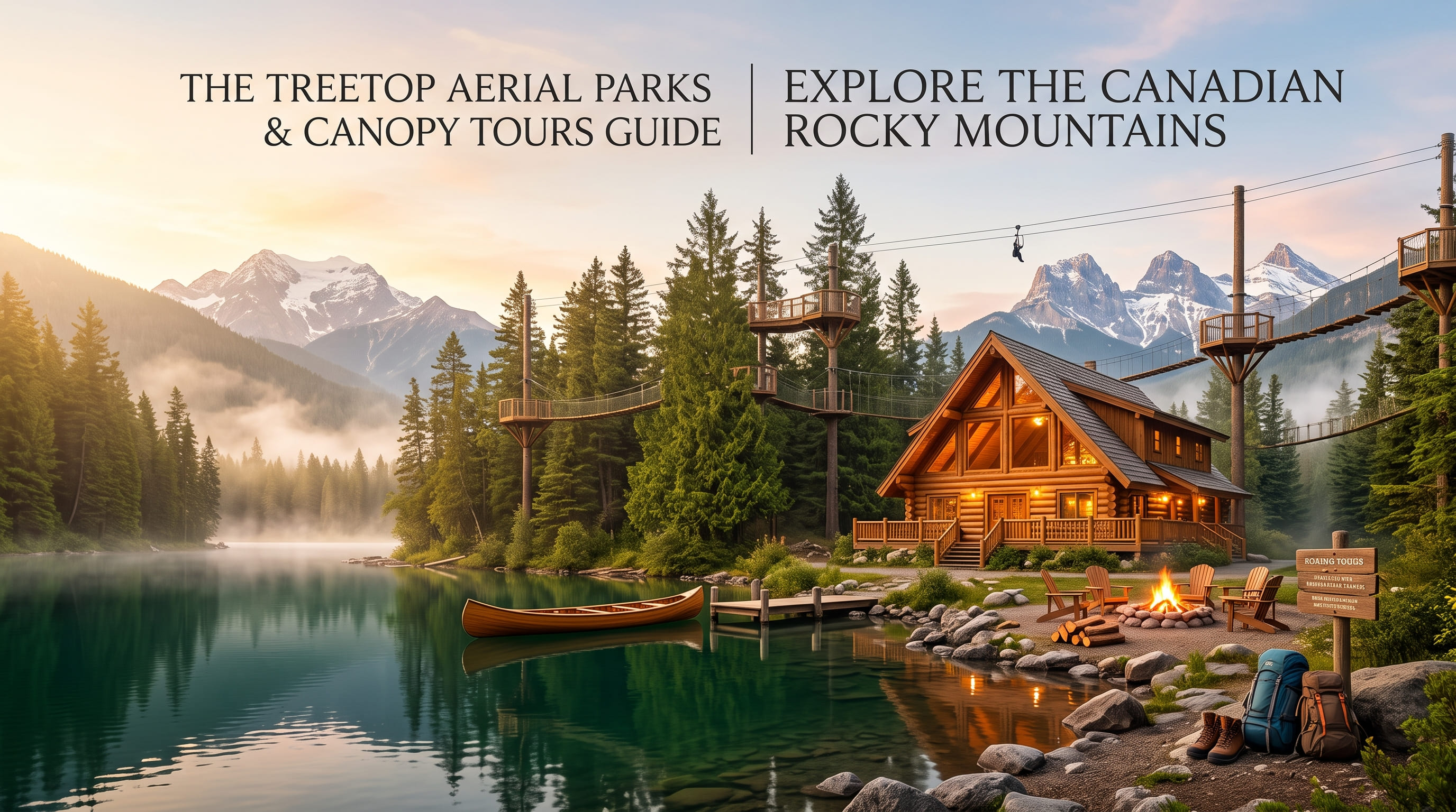 Zipline cables and wooden canopy platforms above a forested lakeshore, with a timber cabin, canoe, and campfire in the clearing.