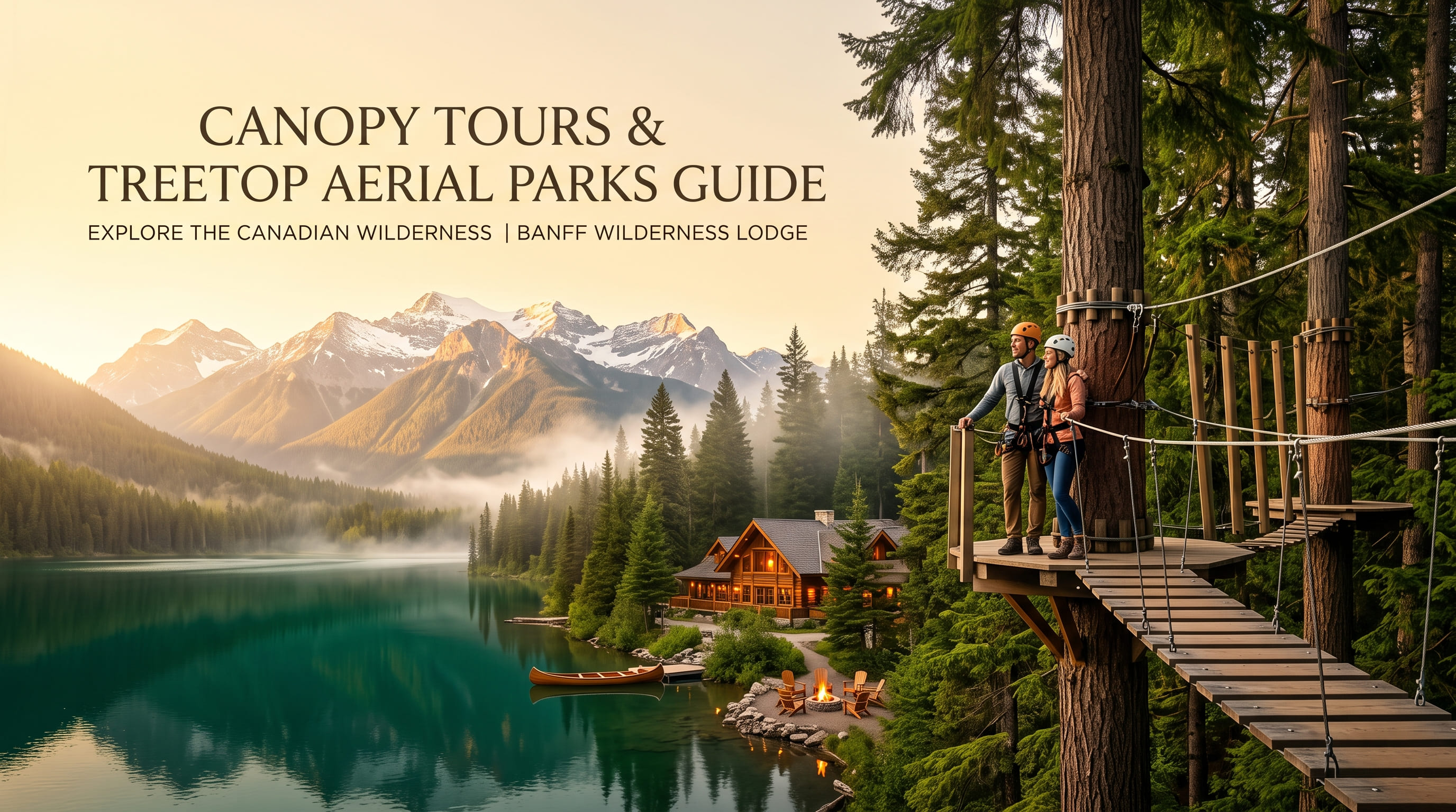 Two harnessed climbers on a wooden platform fixed to a tall pine, with rope bridges, a lake, and a lodge below.
