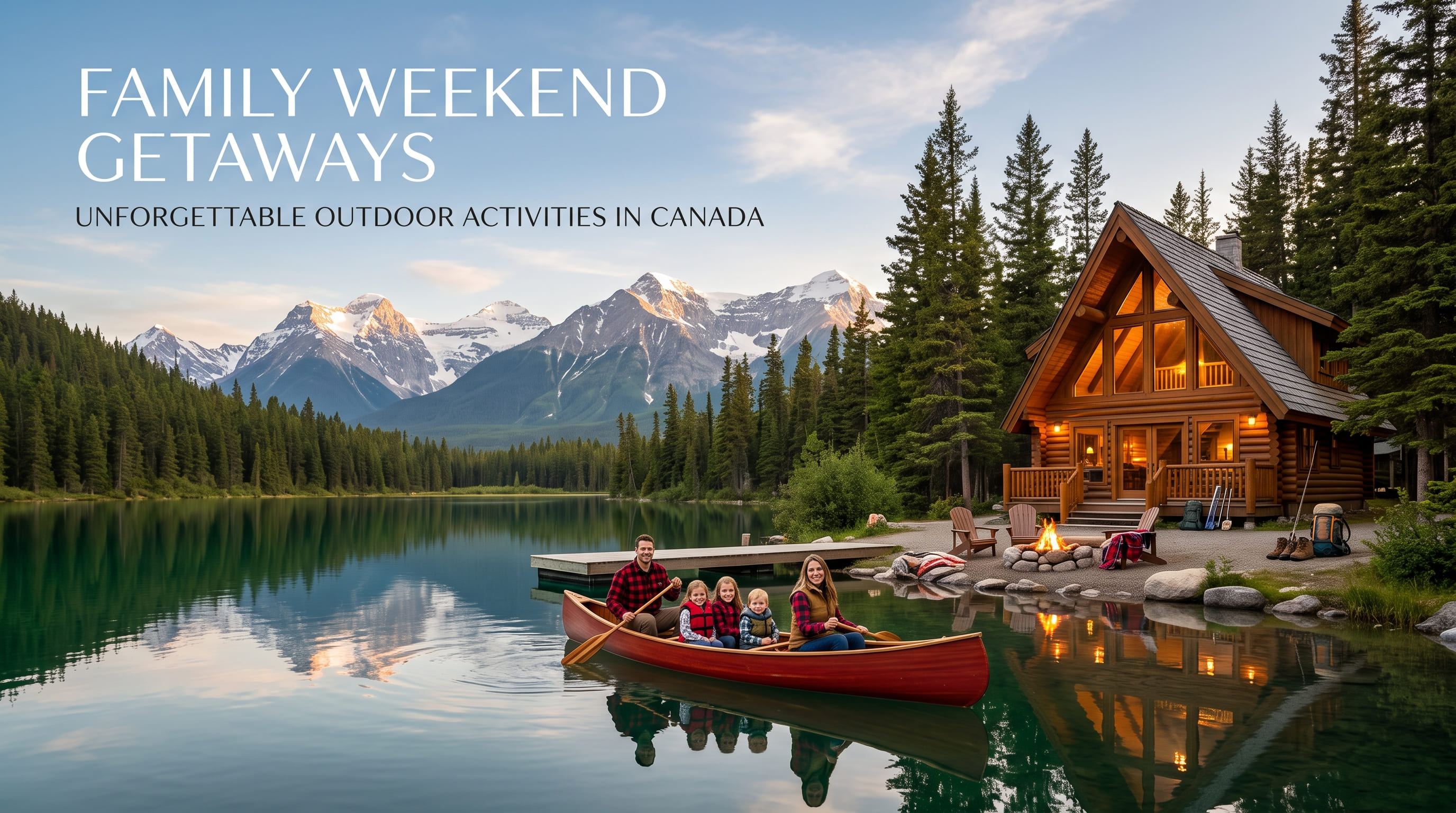 A family wearing life jackets in a red canoe on a still mountain lake, with a glowing timber cabin and snowy peaks behind them.