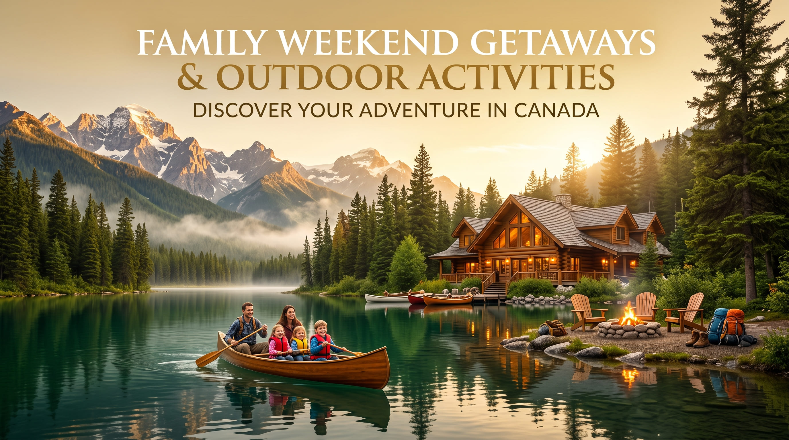 A family of four in a wooden canoe on a turquoise lake, with a large timber lodge, campfire, and backpacks on the rocky shore.