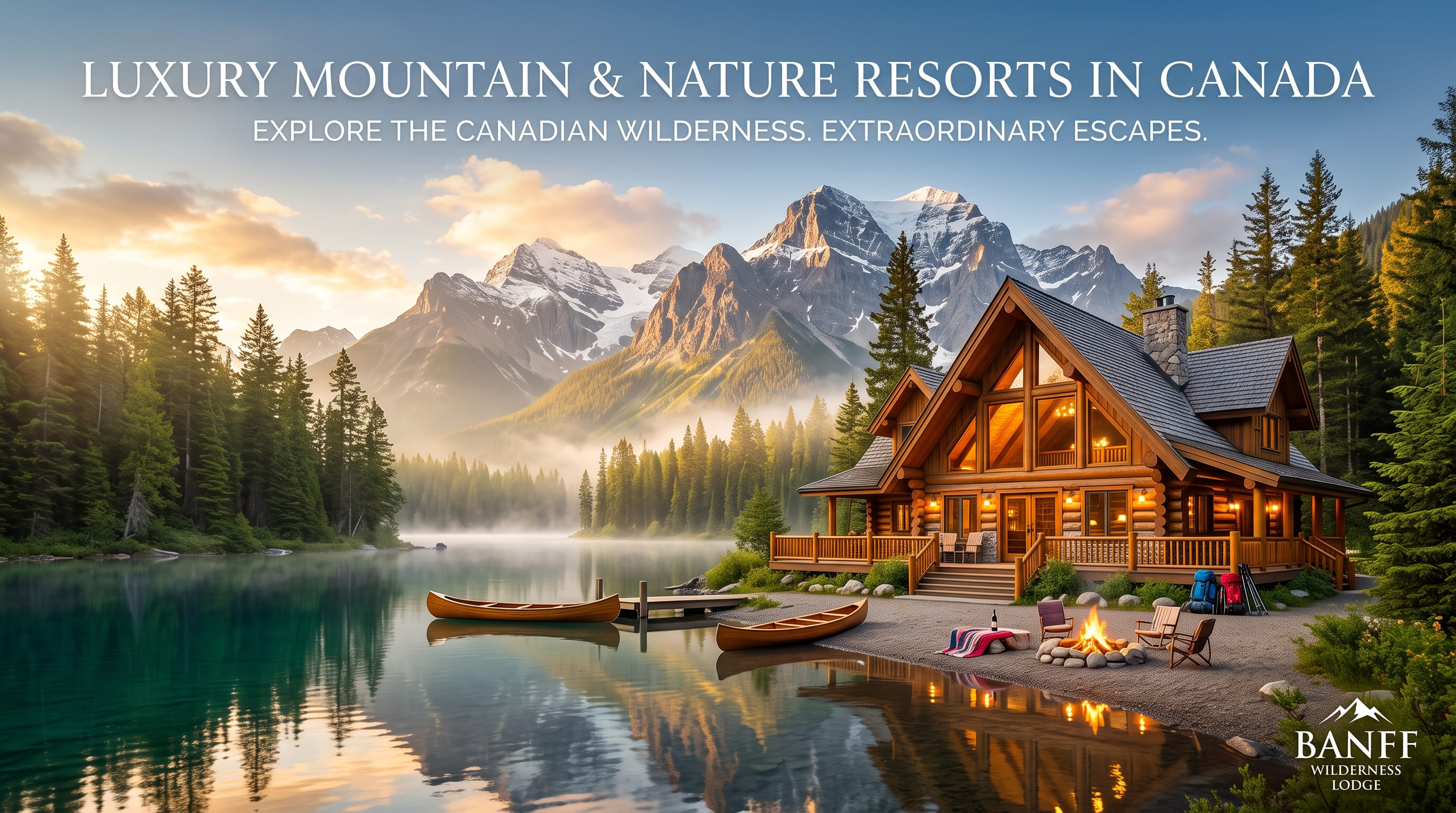 A large timber lodge beside a turquoise mountain lake, with two canoes near a dock and a campfire on the beach.