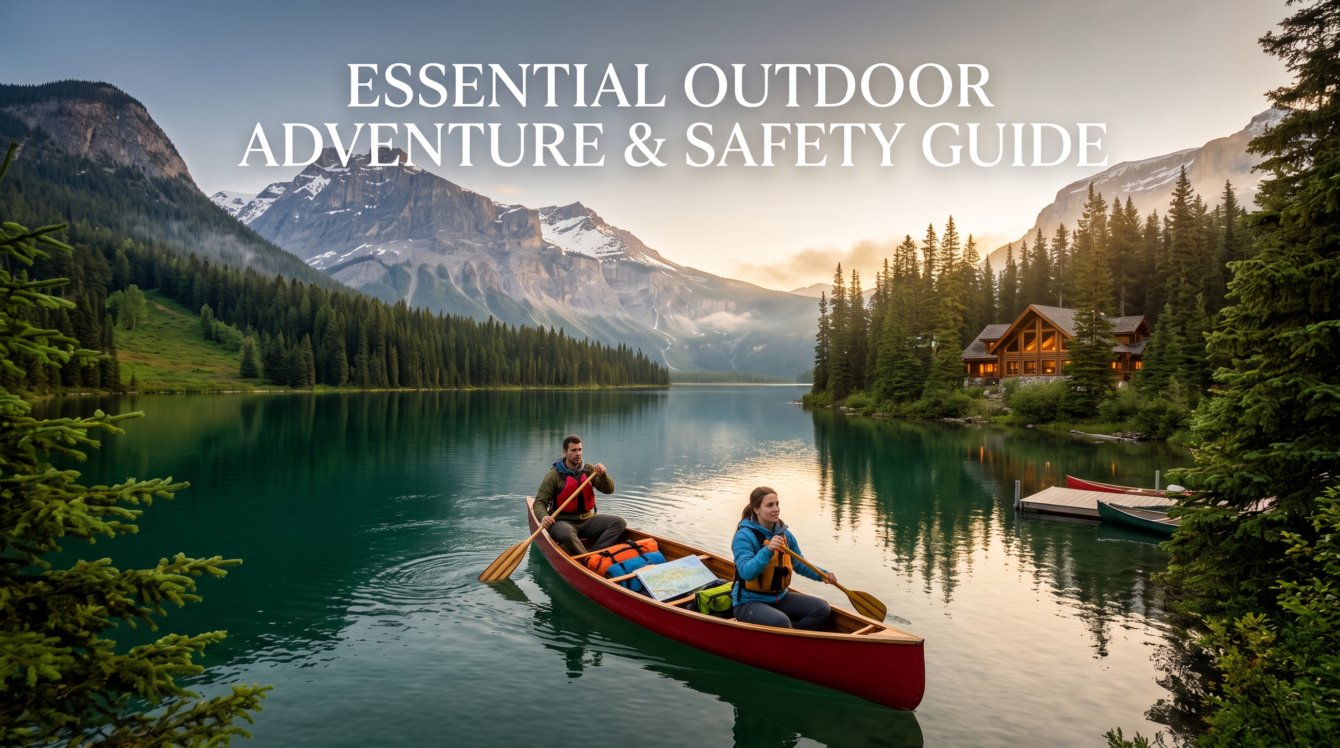 Two paddlers in a red canoe loaded with dry bags and a map on a calm mountain lake, with a cabin on the forested shore.