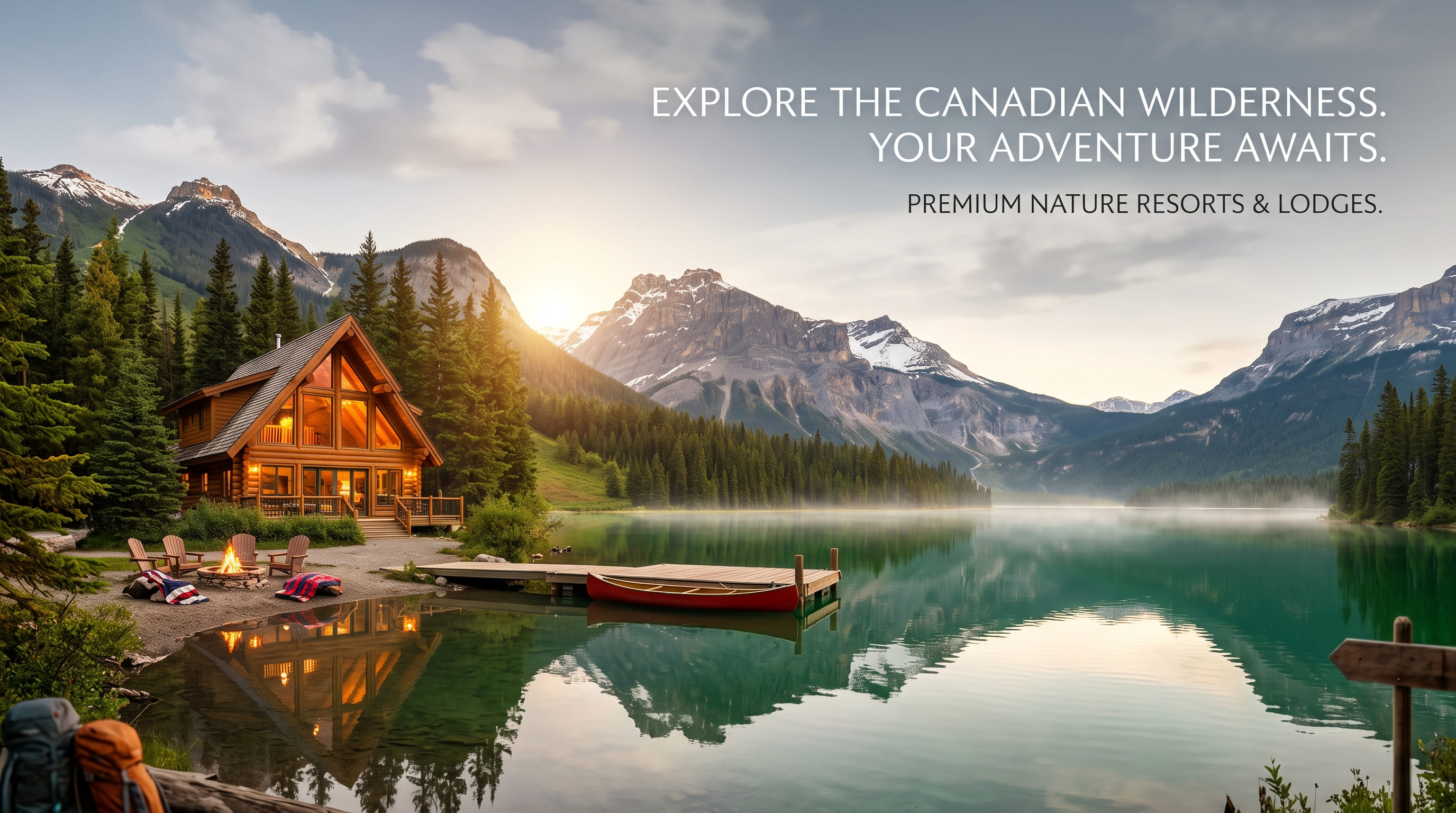 A timber cabin beside a turquoise glacial lake, with a canoe at a dock, a campfire on the shore, and snow-dusted peaks beyond the forest.