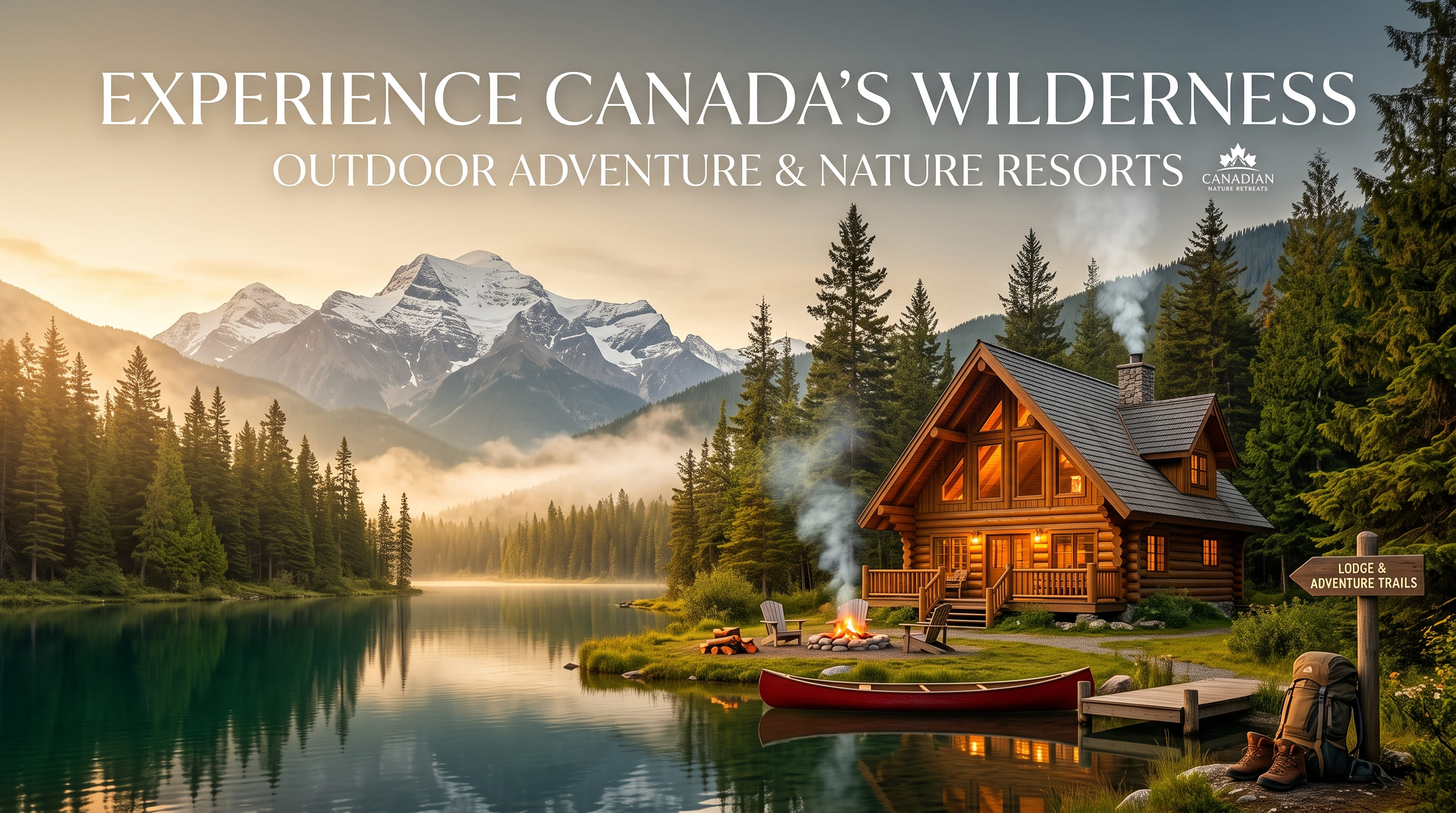 A smoking timber cabin, red canoe, and backpack beside a still glacial lake, with forested slopes and high peaks in warm light.